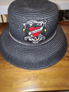 Ed Hardy Black Straw Bucket Hat with Red Heart Skull Patch and Rhinestone Band